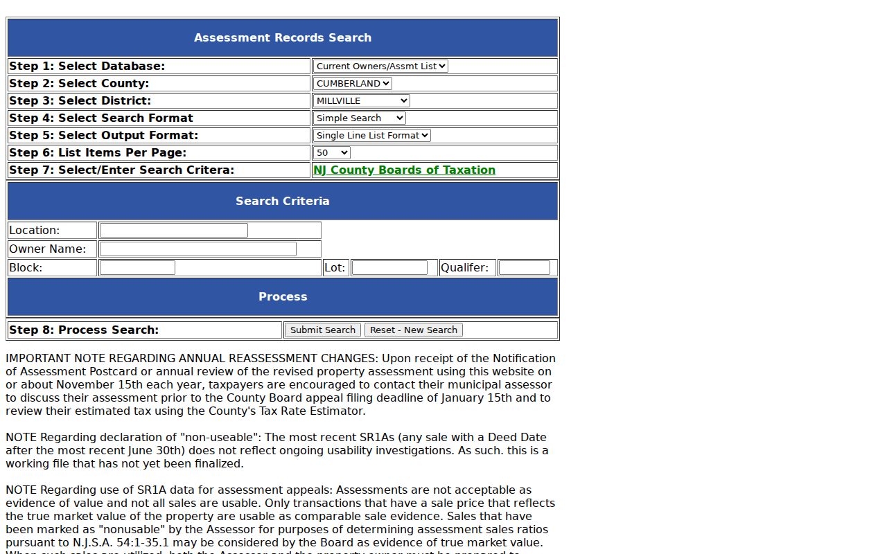 Millville residents directory assessment search fields for district 0610